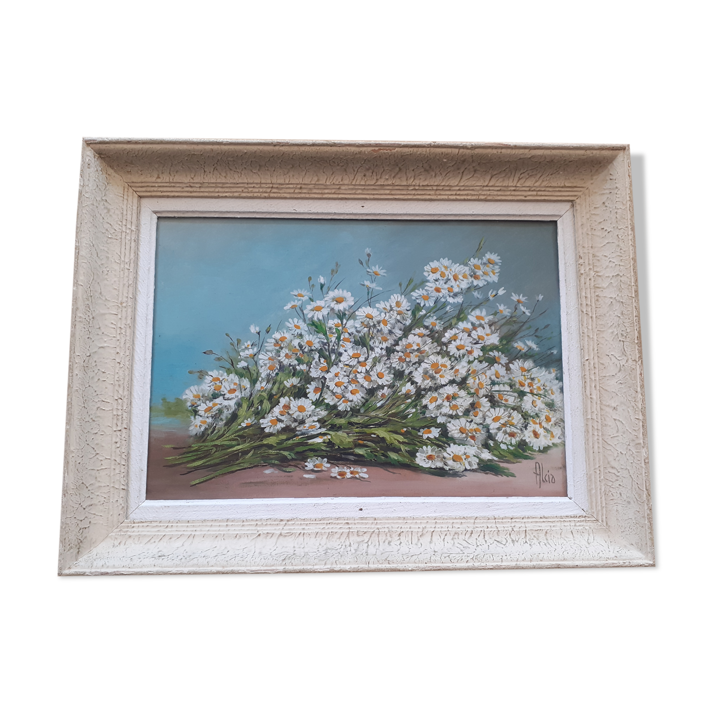 Vintage still life painting with daisies
