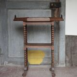 Vintage turned wood dessert trolley, wheeled table with removable top.