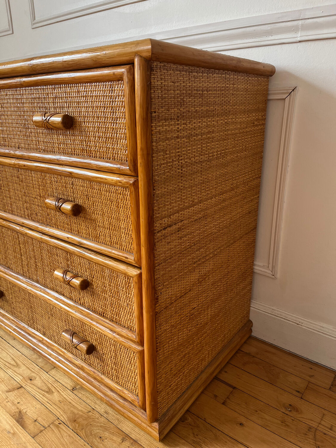 Vintage woven rattan chest of drawers