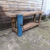 Old oak and beech workbench with its press