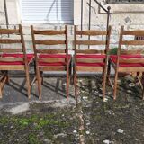 Round wooden table with 1 integrated extension + 6 wooden and fabric chairs