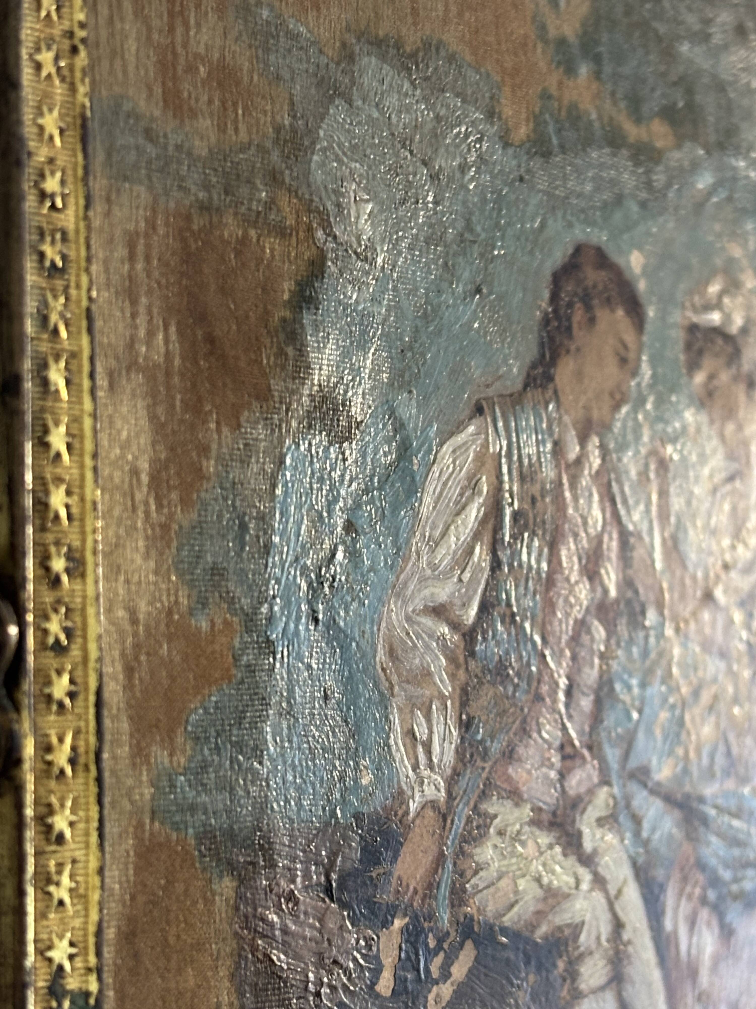 Vintage 1900 triptych barber mirror in gold, gallant scene - 20 x 59 cm