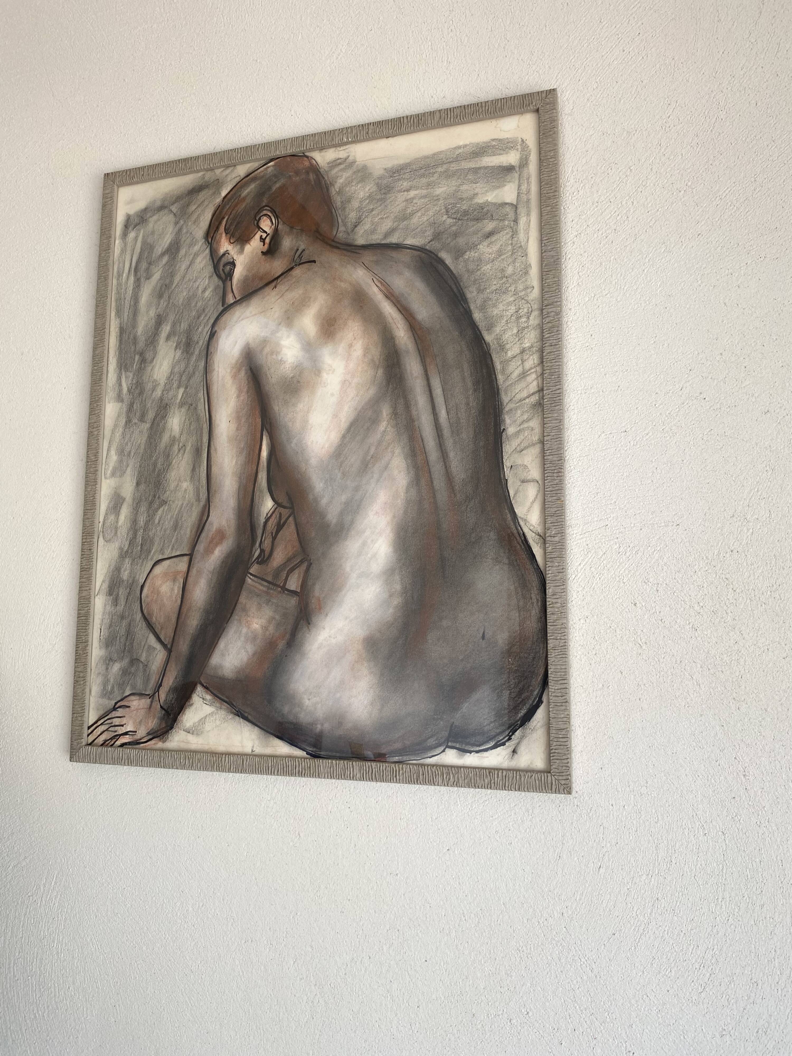 Glazed wood frame nude drawing on paper