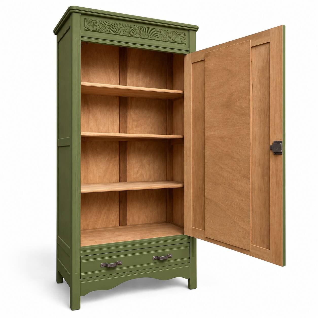 Renovated Art Deco Parisian wardrobe in khaki with original mirror.