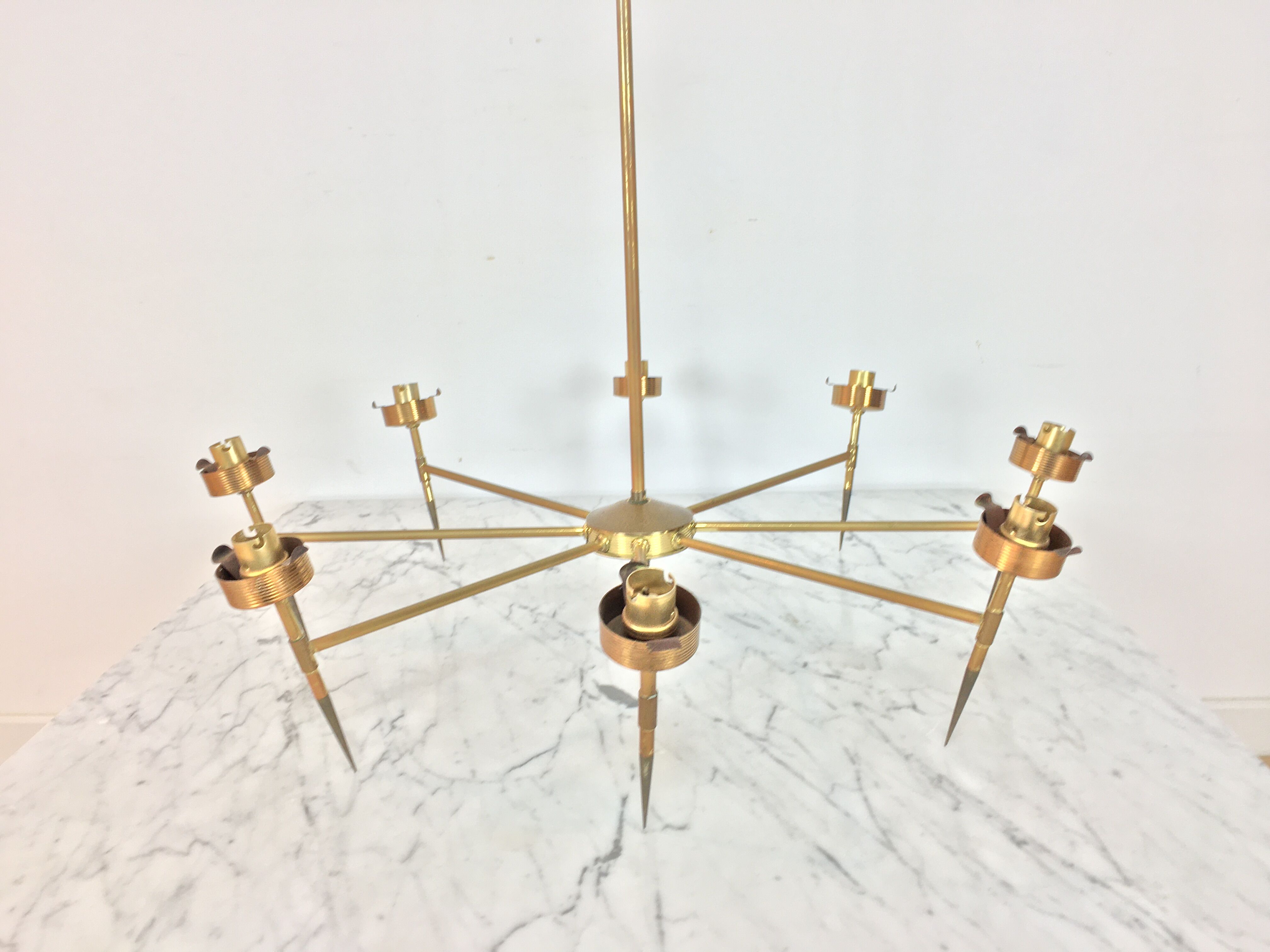 50s chandelier, 8 fires, brass and ice glass tulips