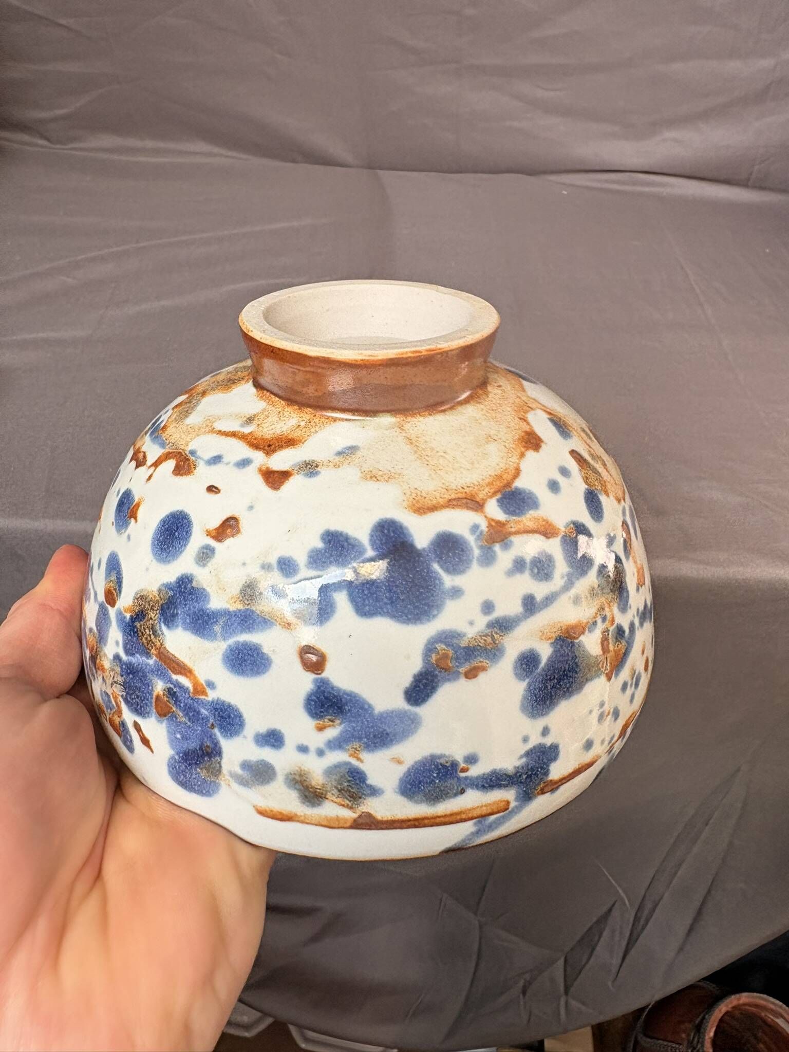 Ancient Bowl Tea Chawan Japan Mingei Ceramic Blue Brown