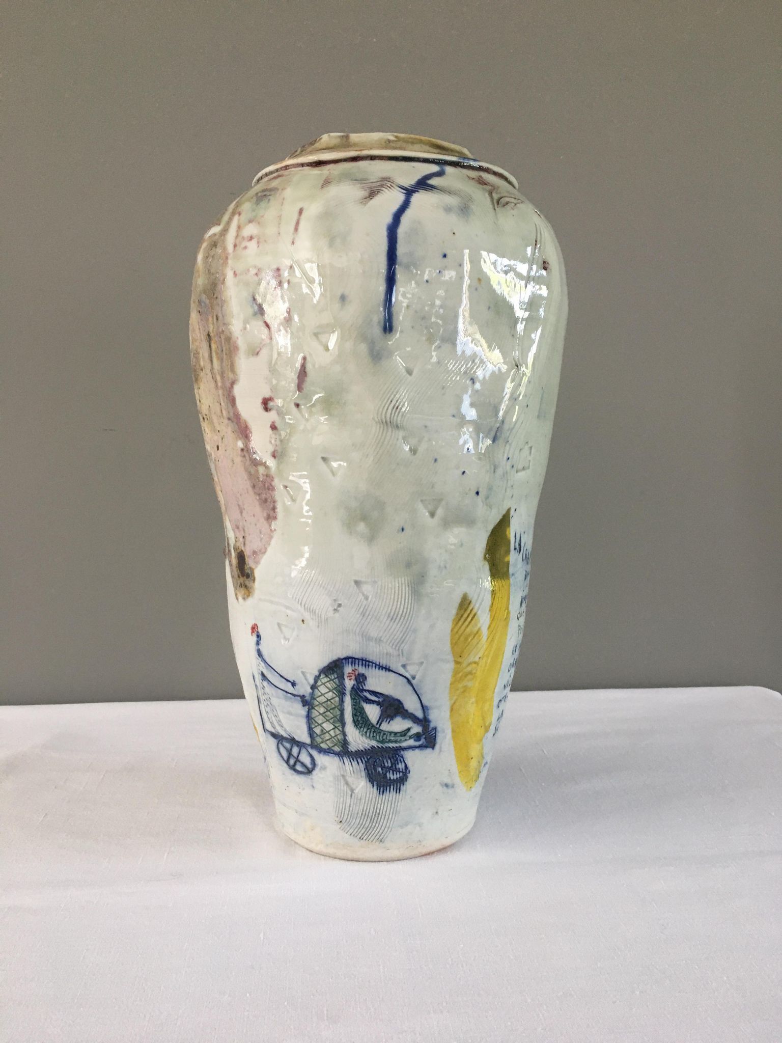 Thierry Basile vase in enamelled sandstone with abstract decoration