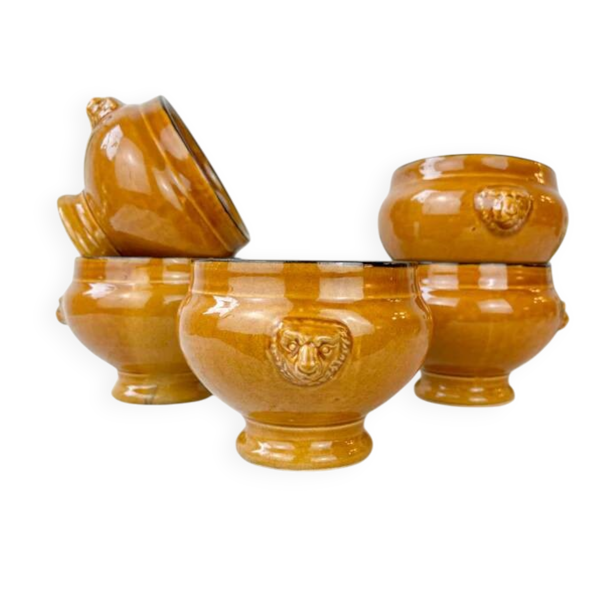 5 bols à soupe à l'oignon tête de lion en céramique vintage Emile Henry - miel et noir, made in France