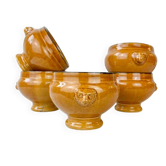 5 bols à soupe à l'oignon tête de lion en céramique vintage Emile Henry - miel et noir, made in France