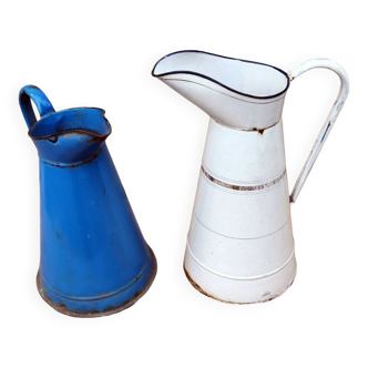 Set of 2 old enameled pitchers