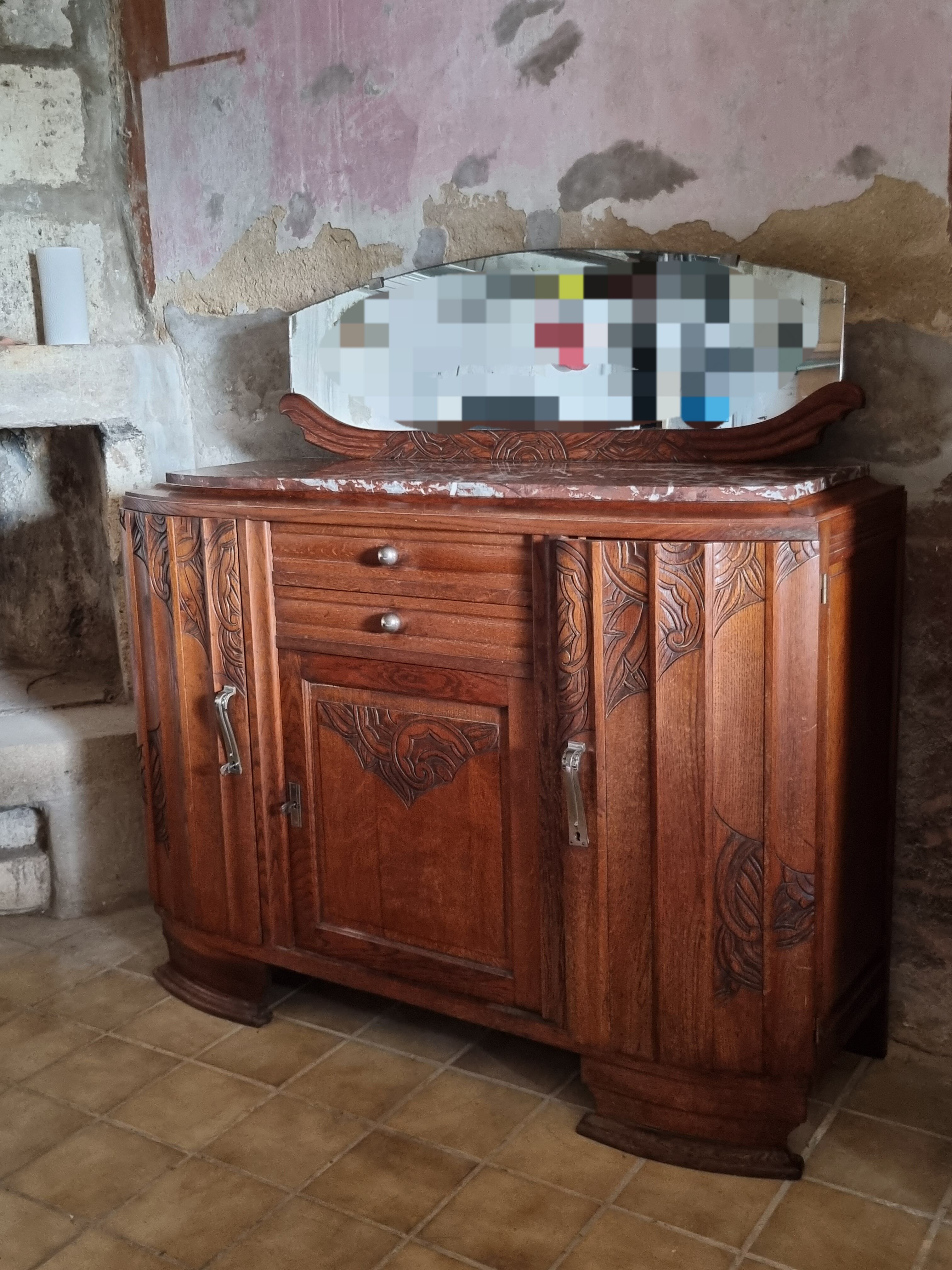 Old low art deco style sideboard, with marble and mirror