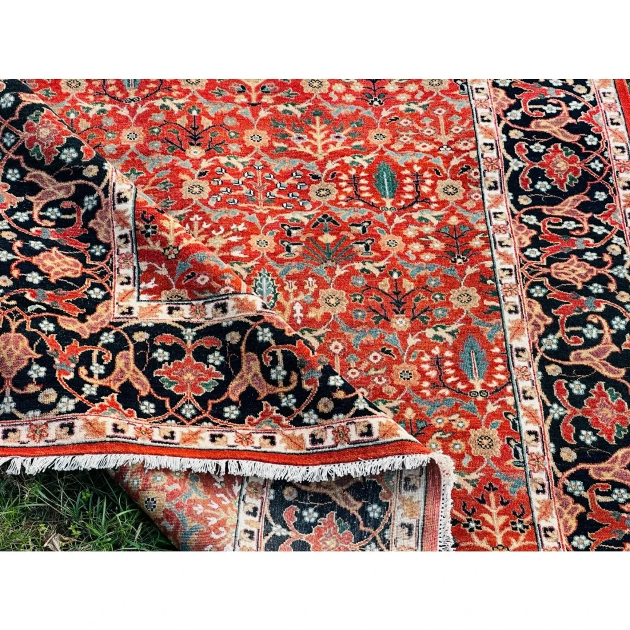 Hand-Knotted Area Rug with Floral Design, Red Wool Carpet for Living Room