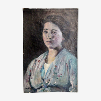 Portrait à l'huile femme provençale fin XIXème signé