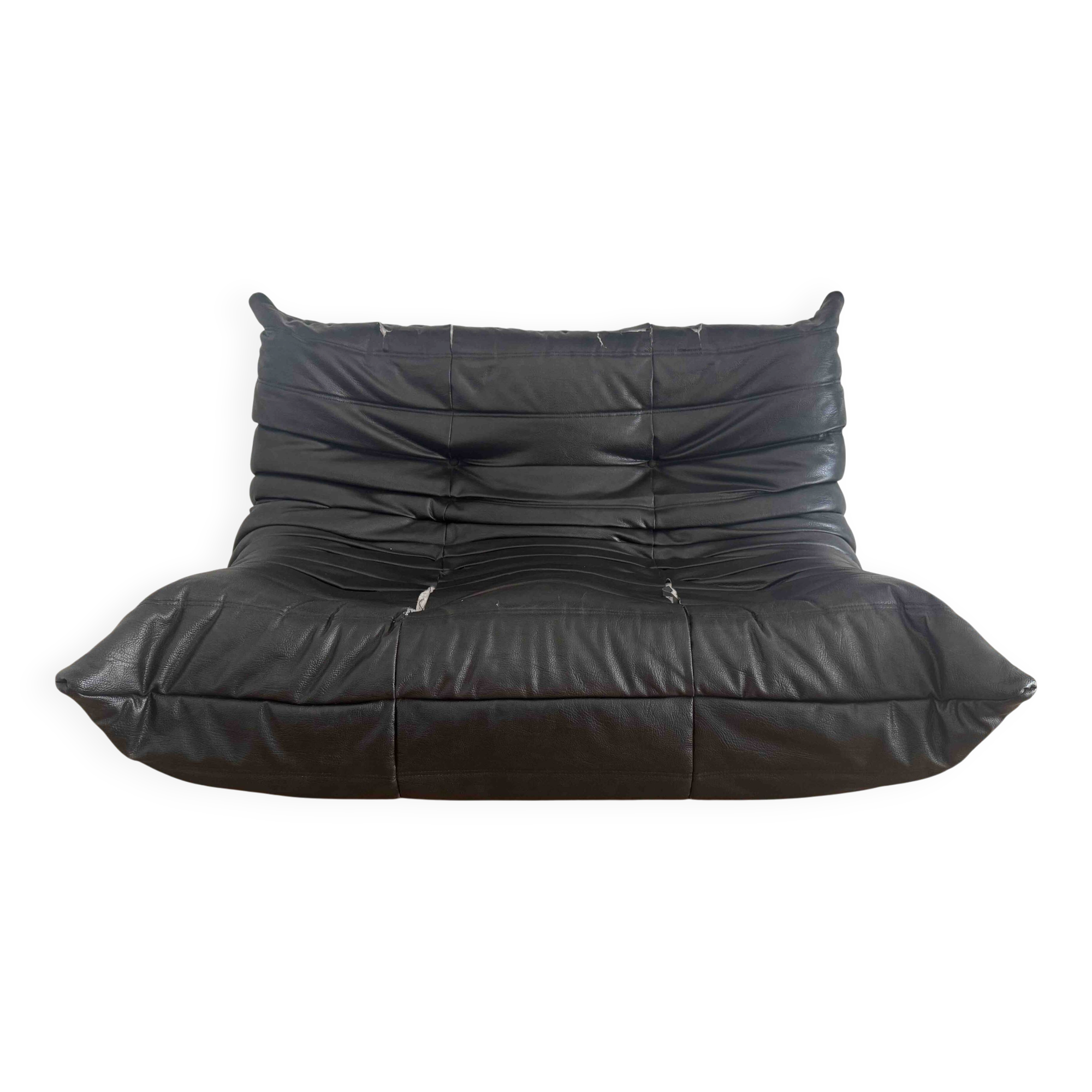 canape togo 2 place en cuir noir a restaurer