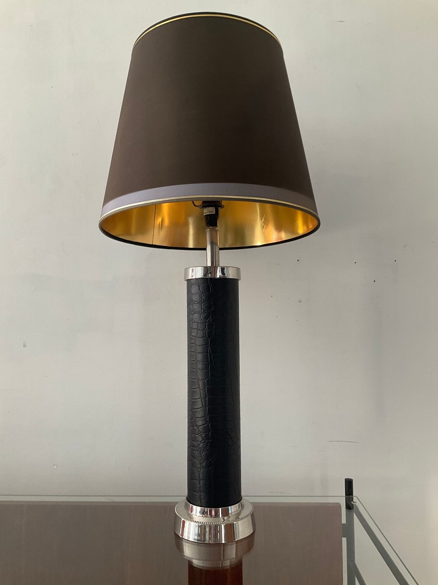 Vintage column lamp in leather and silver brass 60s-70s