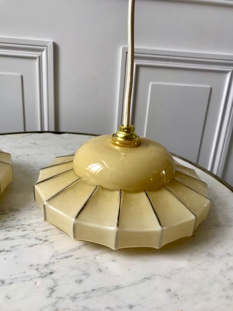 Pair of suspensions in opaline glass cream and silver border art deco 30s