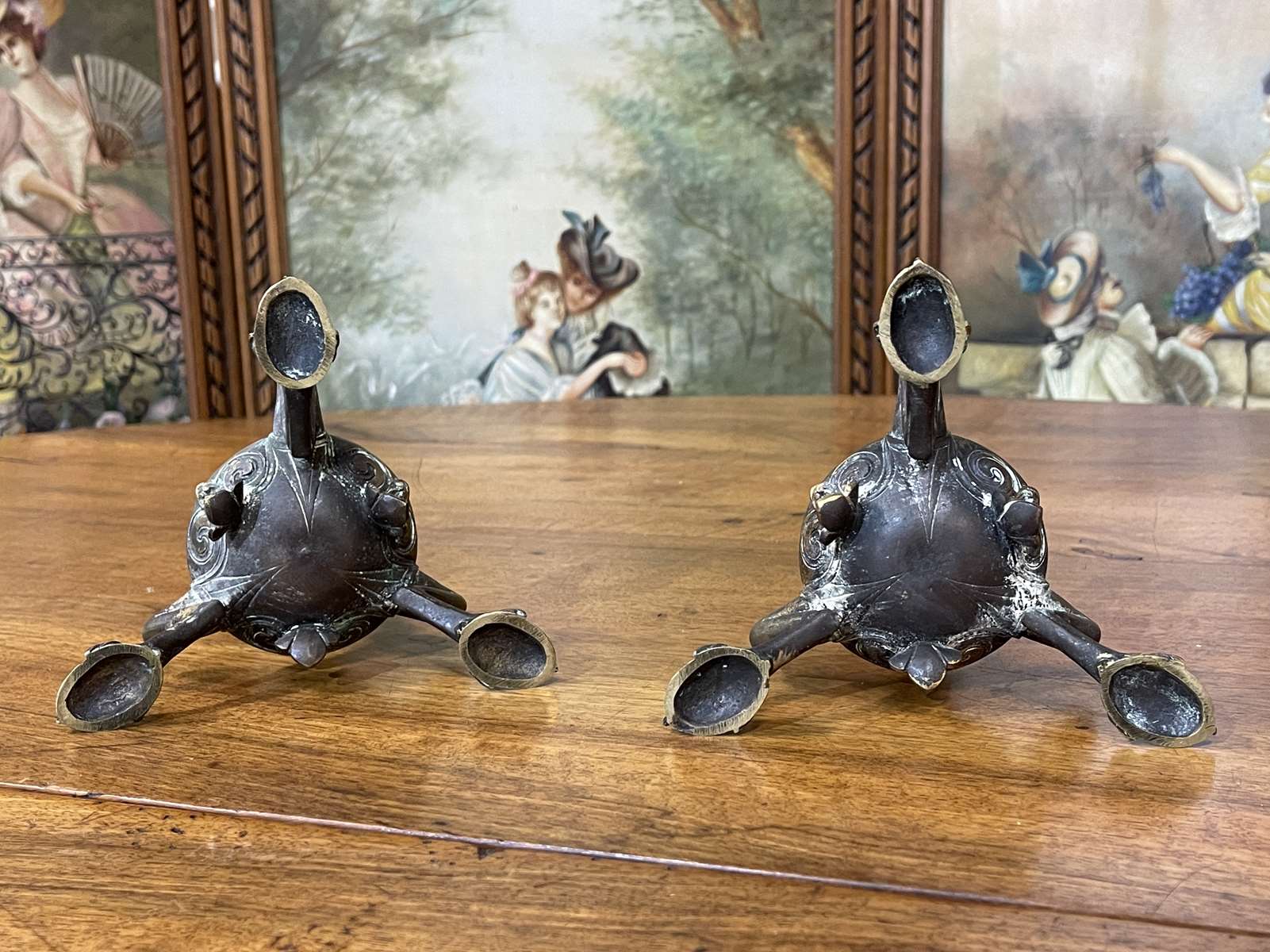 Pair of bronze candle holders XIXth decoration snakes