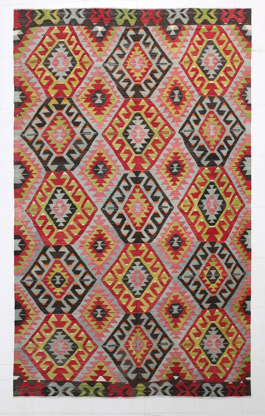 Large Green Handmade Vintage Kilim Rug, 184x309Cm