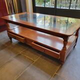 Coffee table with 2 drawers in solid cherry wood and glass.