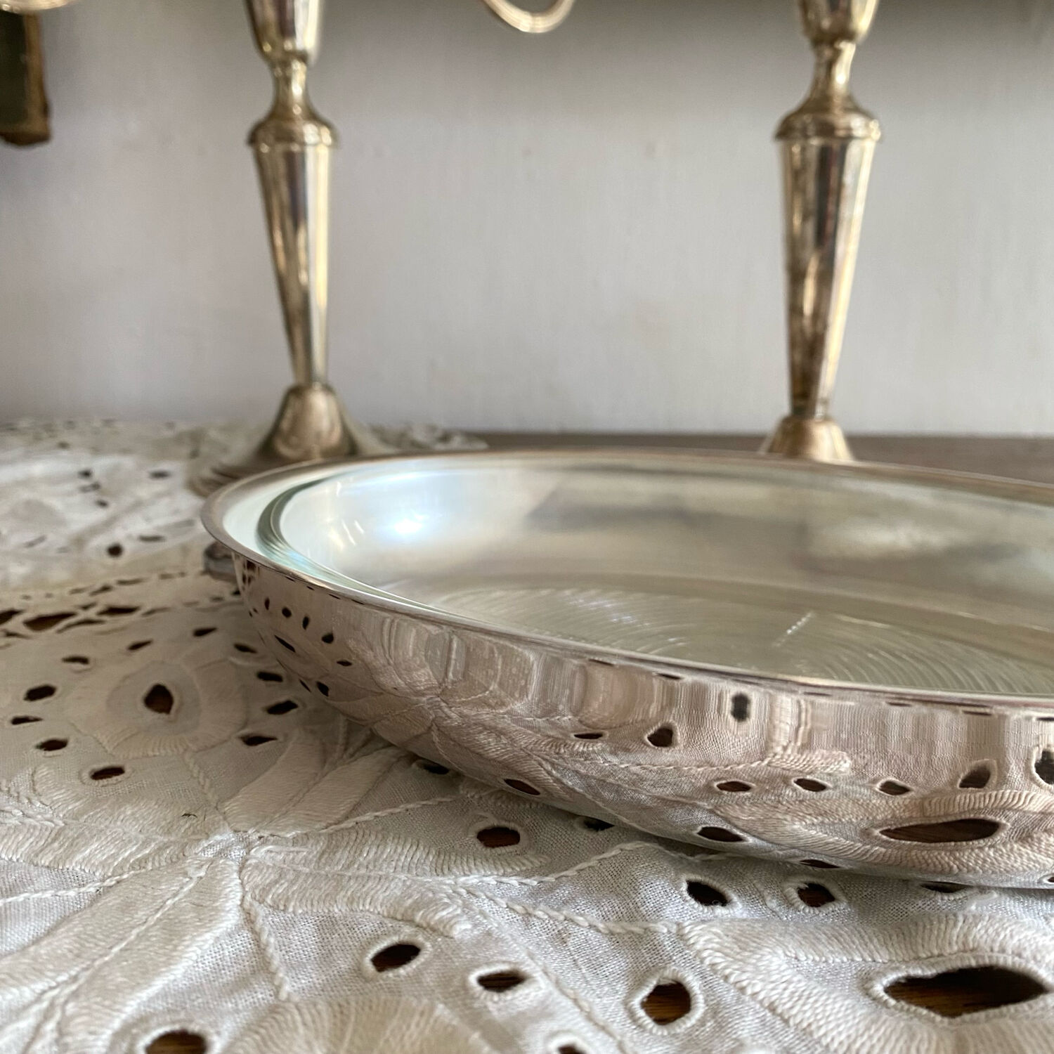Oval silver-plated metal and glass dish