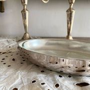 Oval silver-plated metal and glass dish