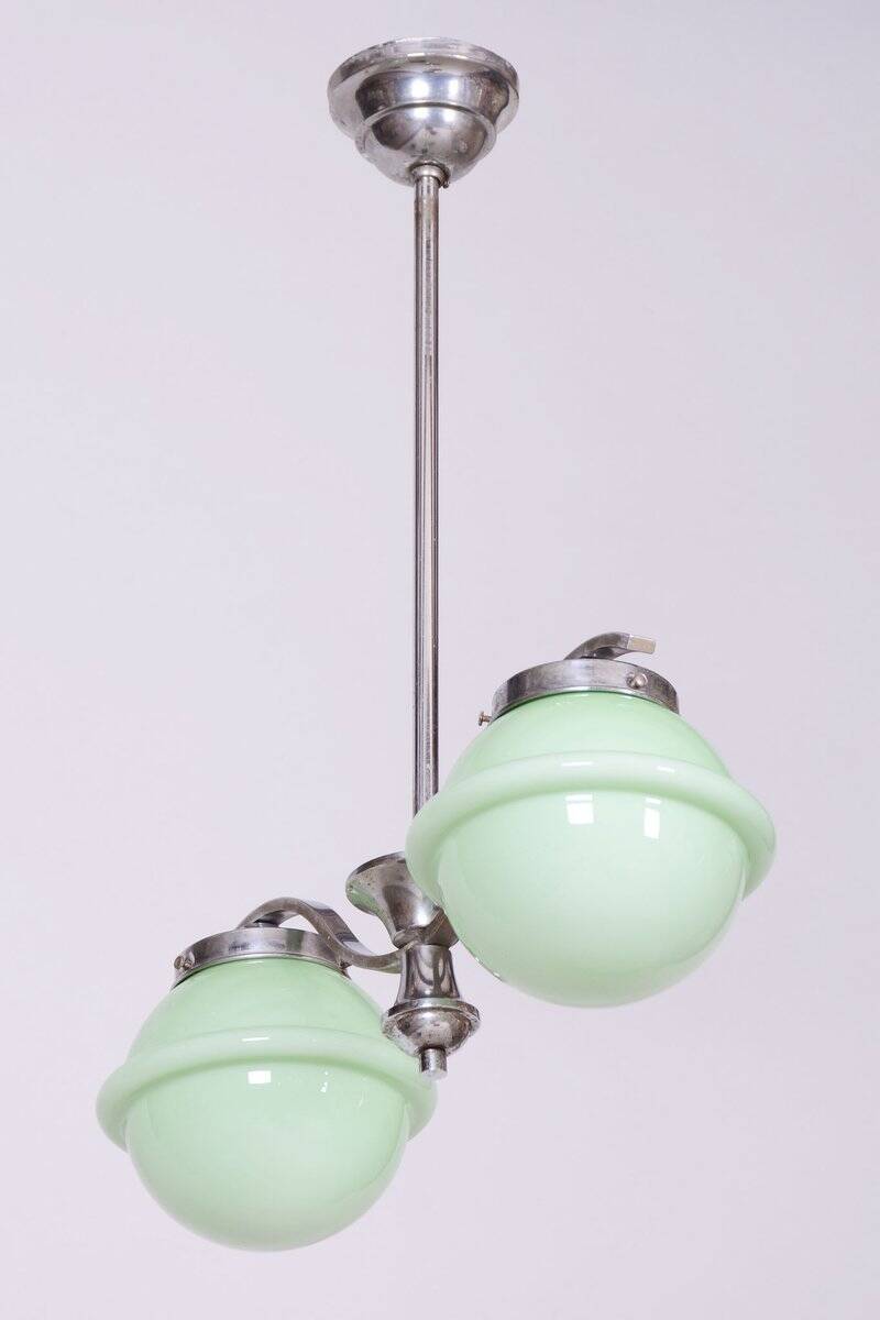 Czech Bauhaus Chandelier in Chrome-Plated Steel and Opaline Glass, 1930s