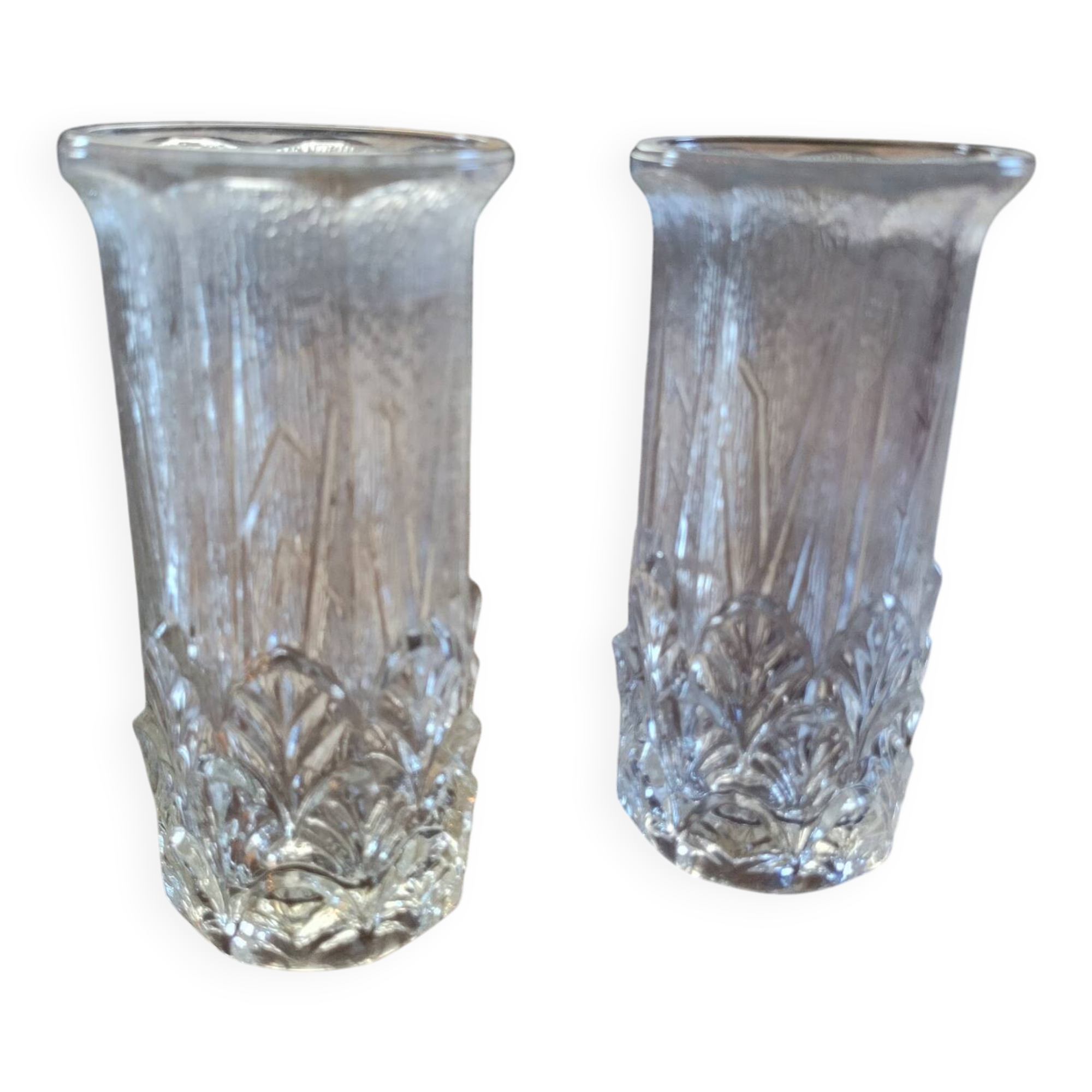 Pair of thick pressed glass art deco vases