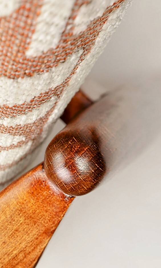 Mid-century modern armchair in coral red jacquard by E. Homa