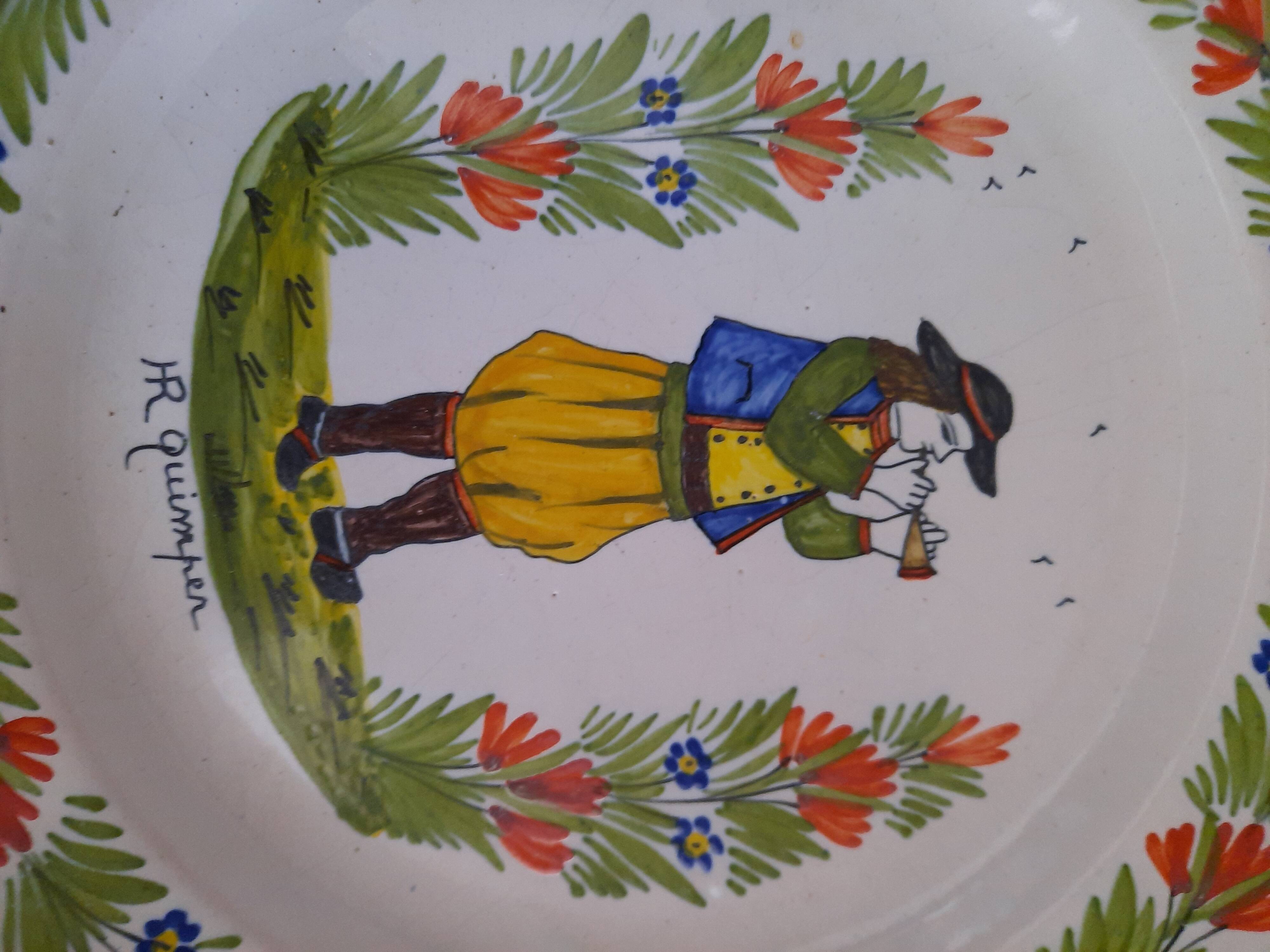 Old Plate HR Quimper Sonneur Player of Bombarde Hand Painted 24cm