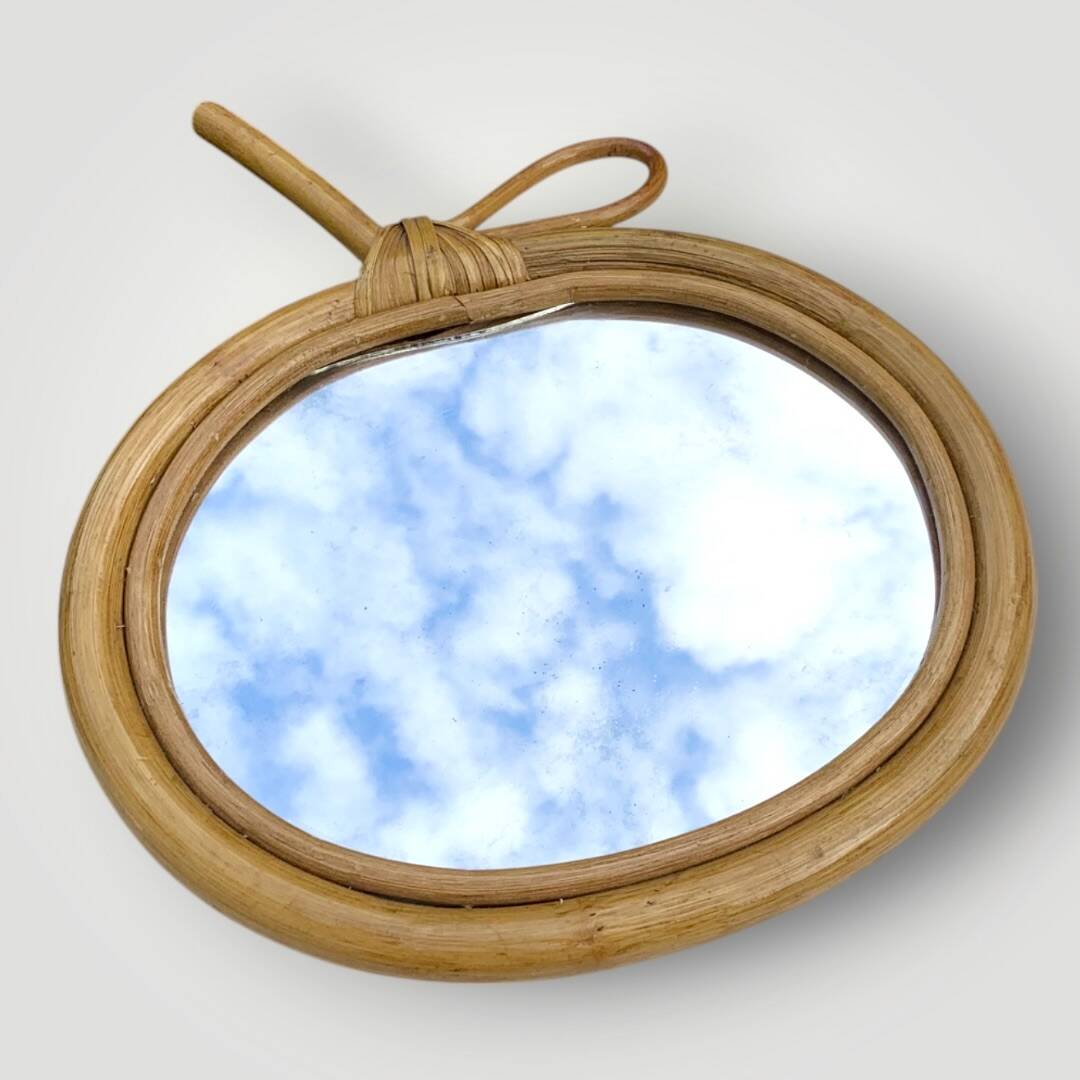 Vintage bamboo and rattan apple-shaped mirror - 1970s