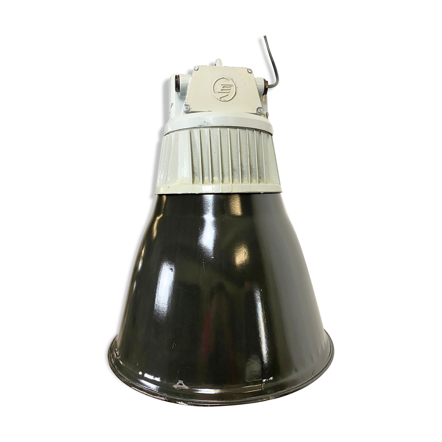 Black enamel industrial pendant light, 1960
