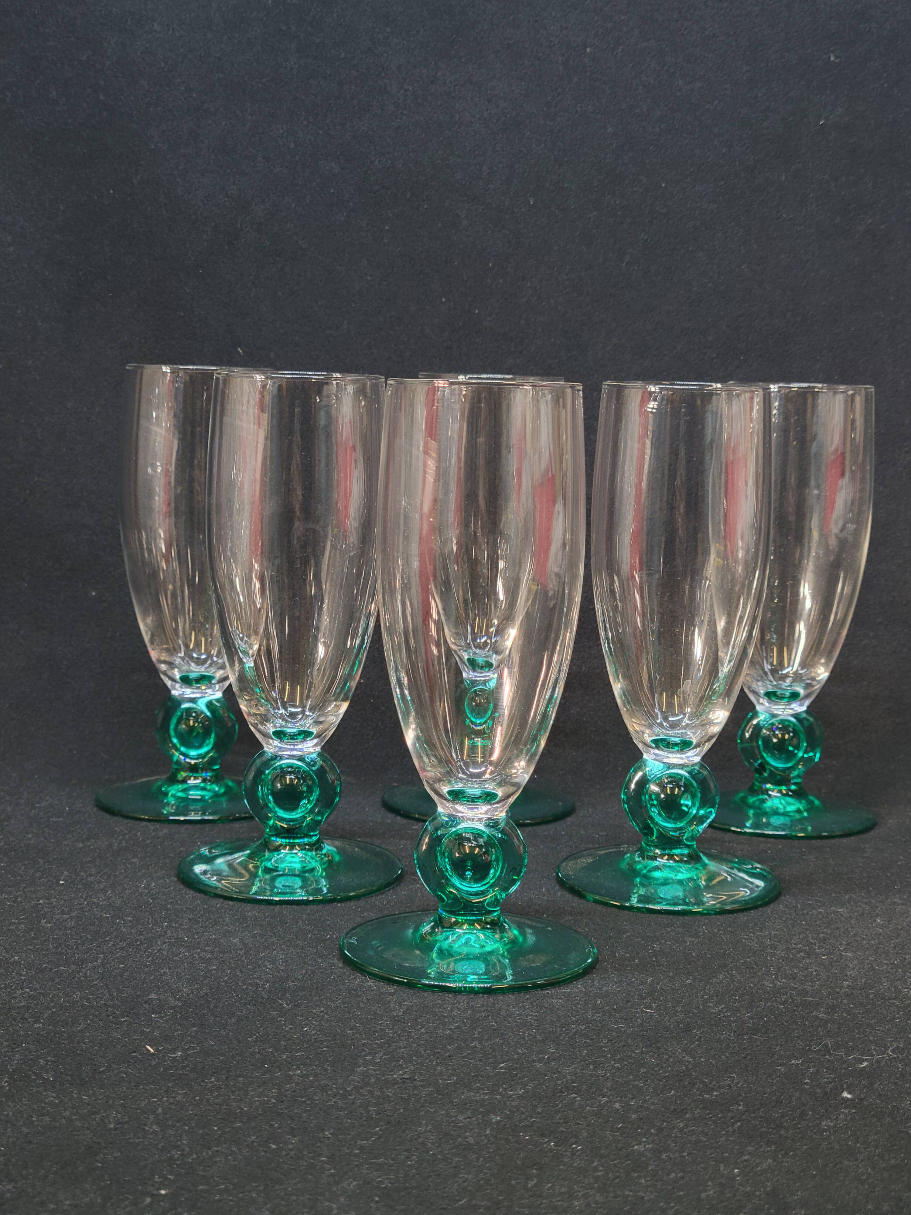 6 Luminarc molière champagne flutes aqua green foot