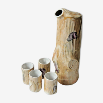 Pichet bûche de bois  et 4 verres en porcelaine irisée Yougoslavie