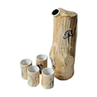 Pitcher log of wood and 4 glasses in iridescent porcelain Yugoslavia