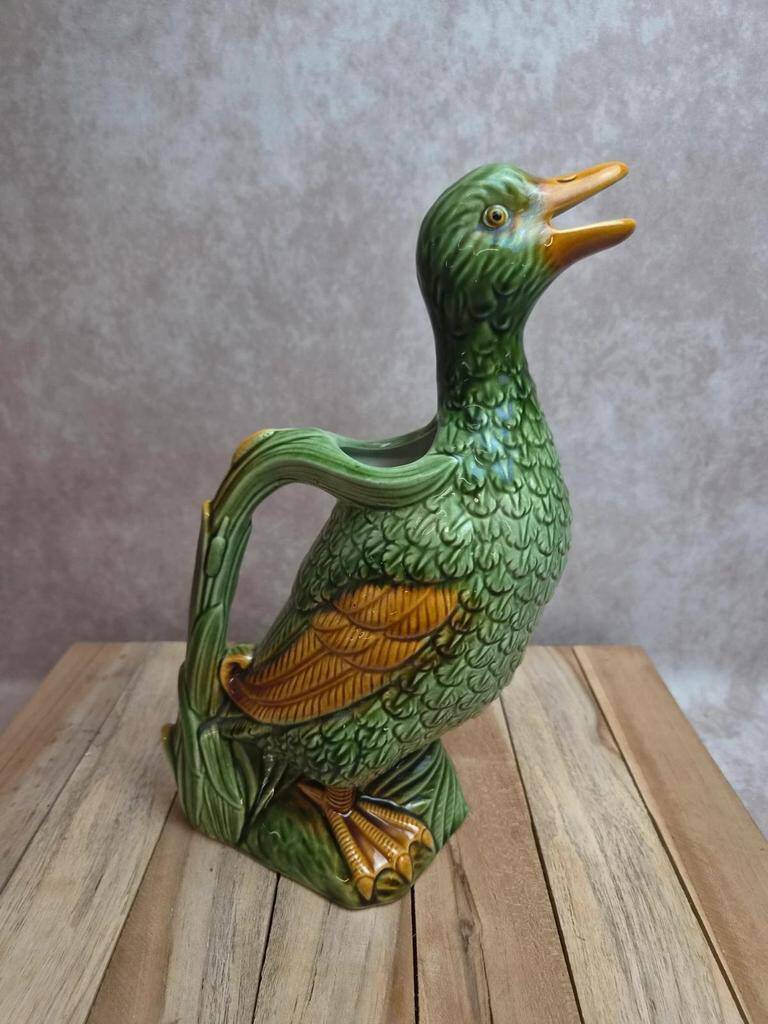 Large vintage duck jug in barbotine – green glazed earthenware – 29 cm