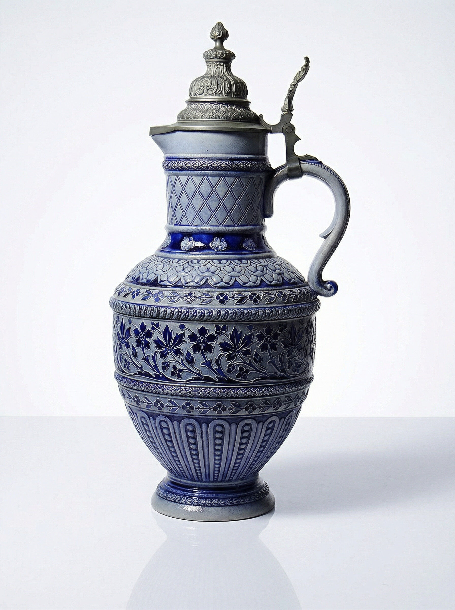 Large salt-glazed stoneware beer jug with tin, Germany, Westerwald type.