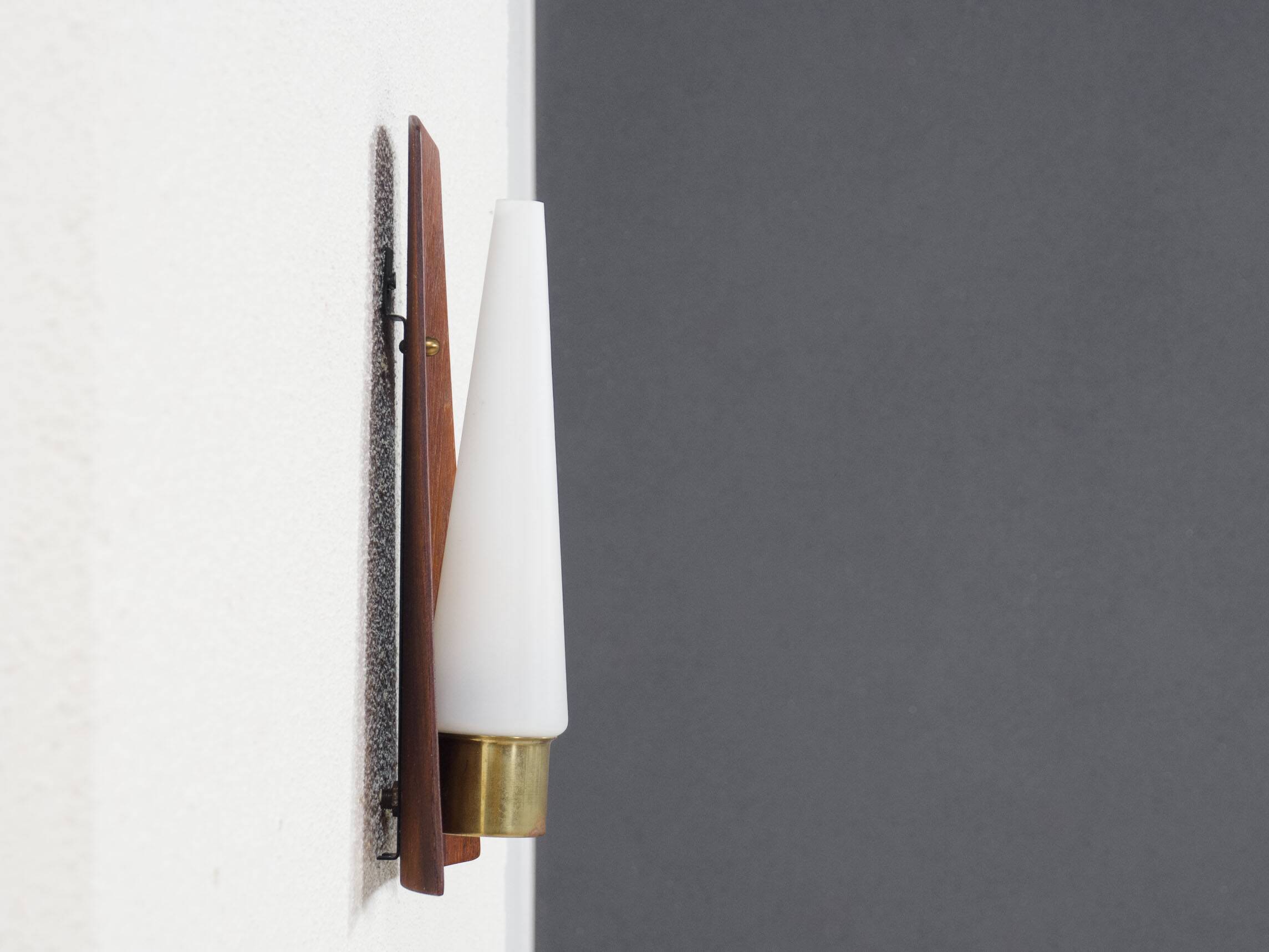 Vintage Danish teak, brass and opaline glass wall lamp