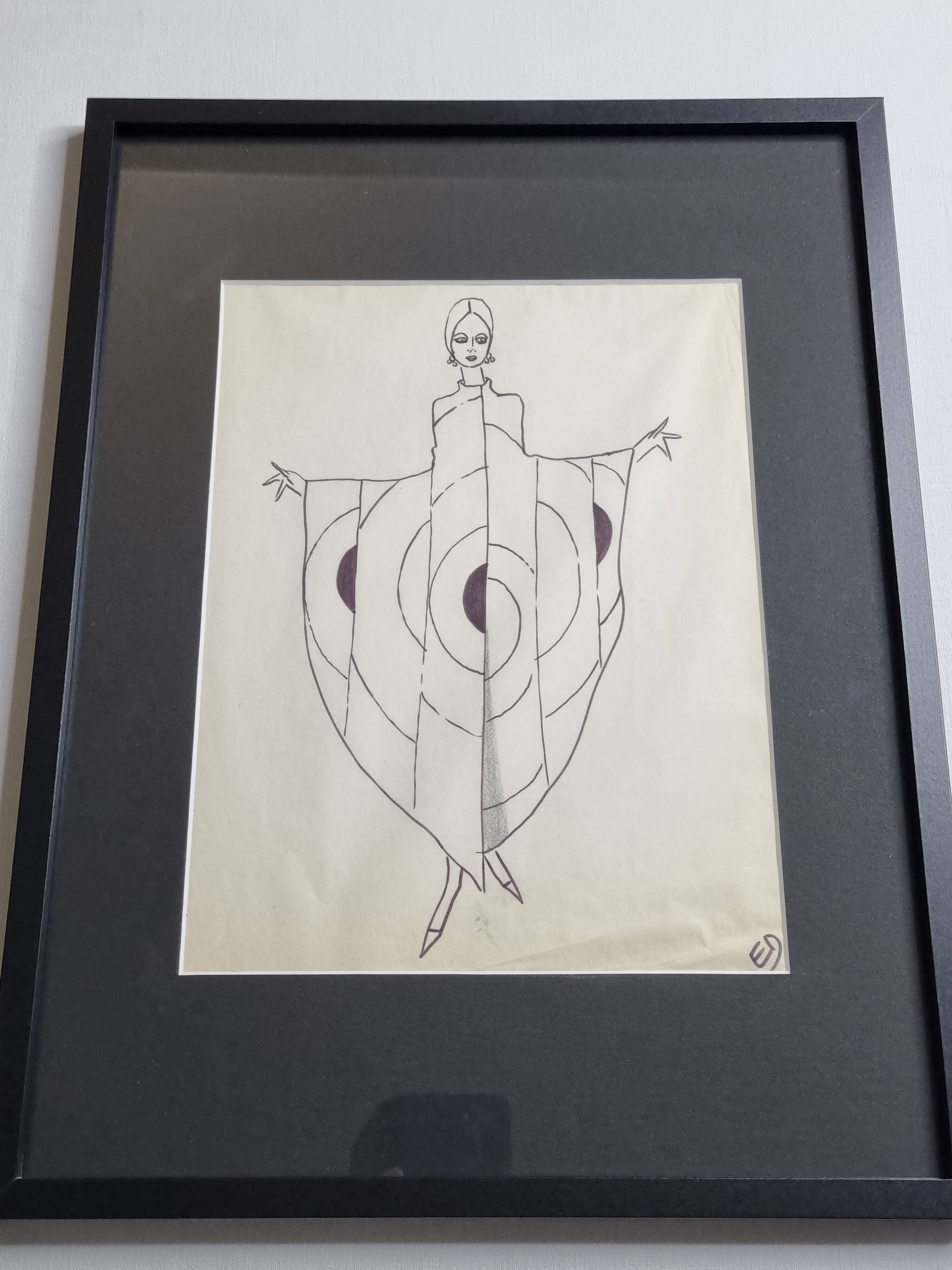 Fashion sketch, original drawing, monogrammed by Jean Eden, 30 x 40 cm