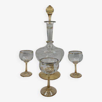 Set of liqueur carafe and three stemmed glasses