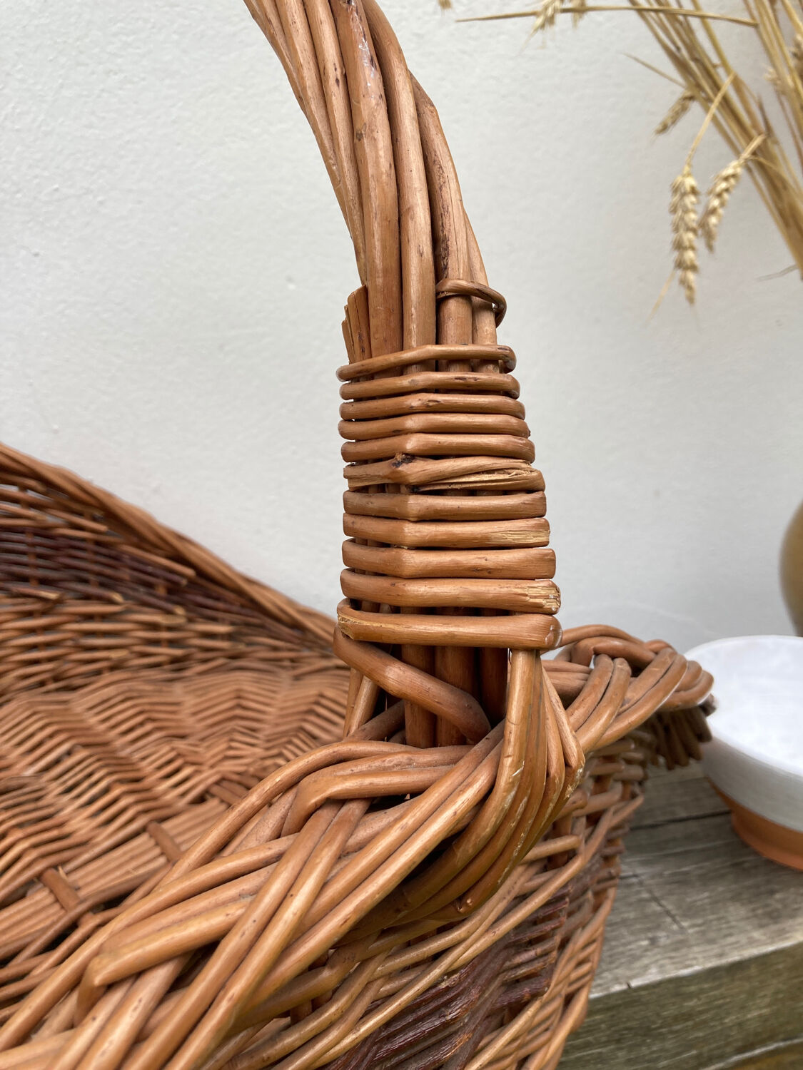Large old woven wicker log basket