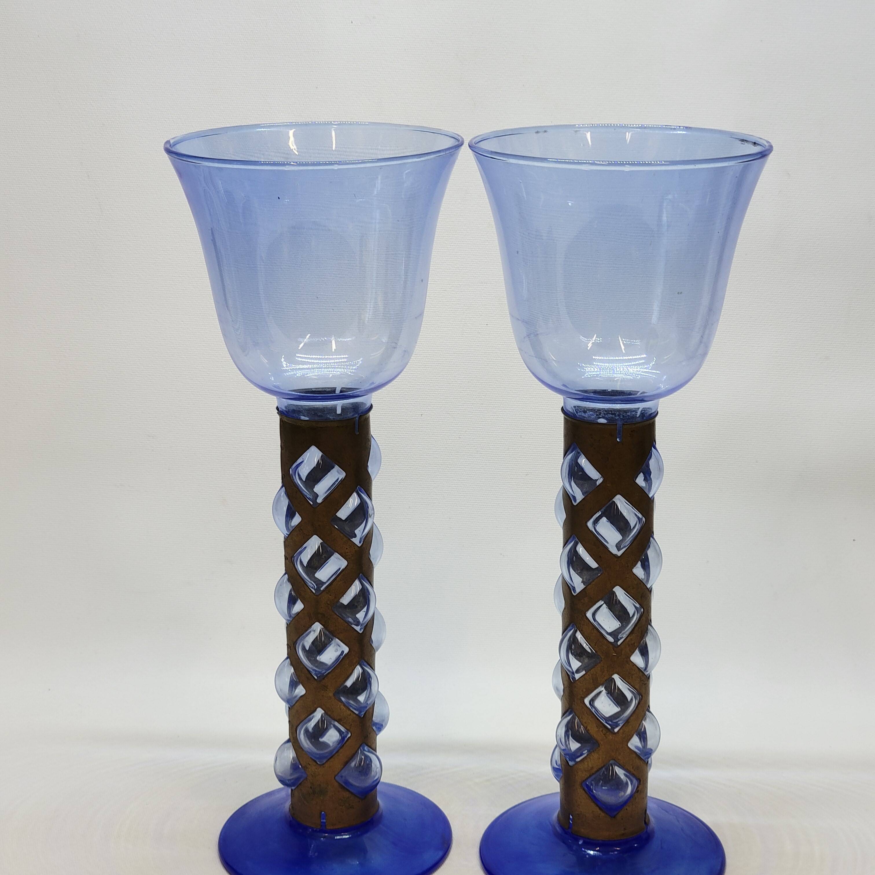 Pair Of Blue Glass Tealight Holders Blown In Cage Dlg Felipe Derflingher