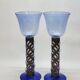 Paire De Bougeoirs Photophores Verre Bleu Soufflé En Cage Dlg Felipe Derflingher