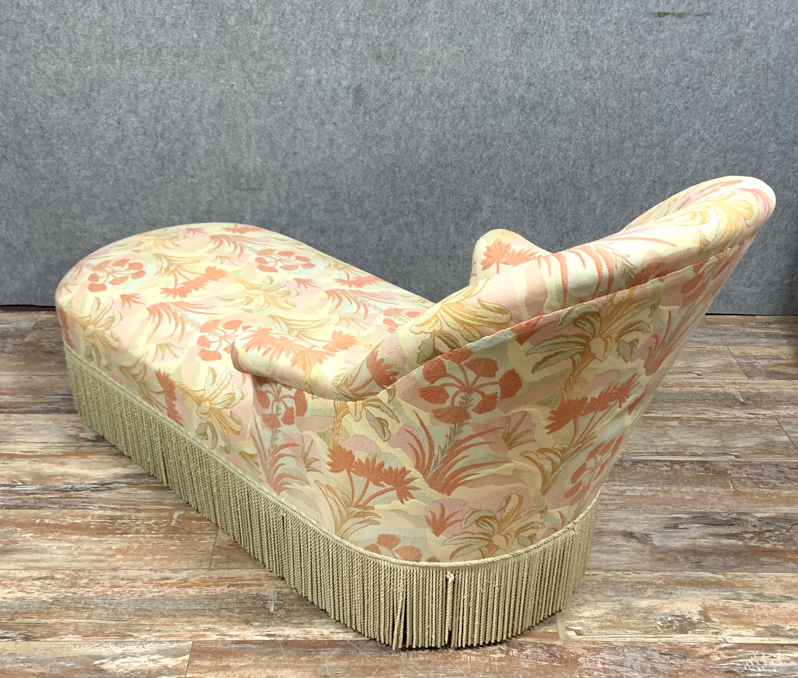 Chaise longue or rest bench Napoleon III era with floral fabric around 1850