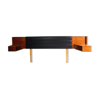 Mid century 1970s retro teak headboard with two hinged bedsides, upholstered in black by 'slumberlan