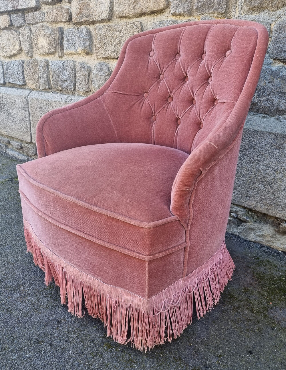 Old pink toad armchair, vintage, 40s / 50s