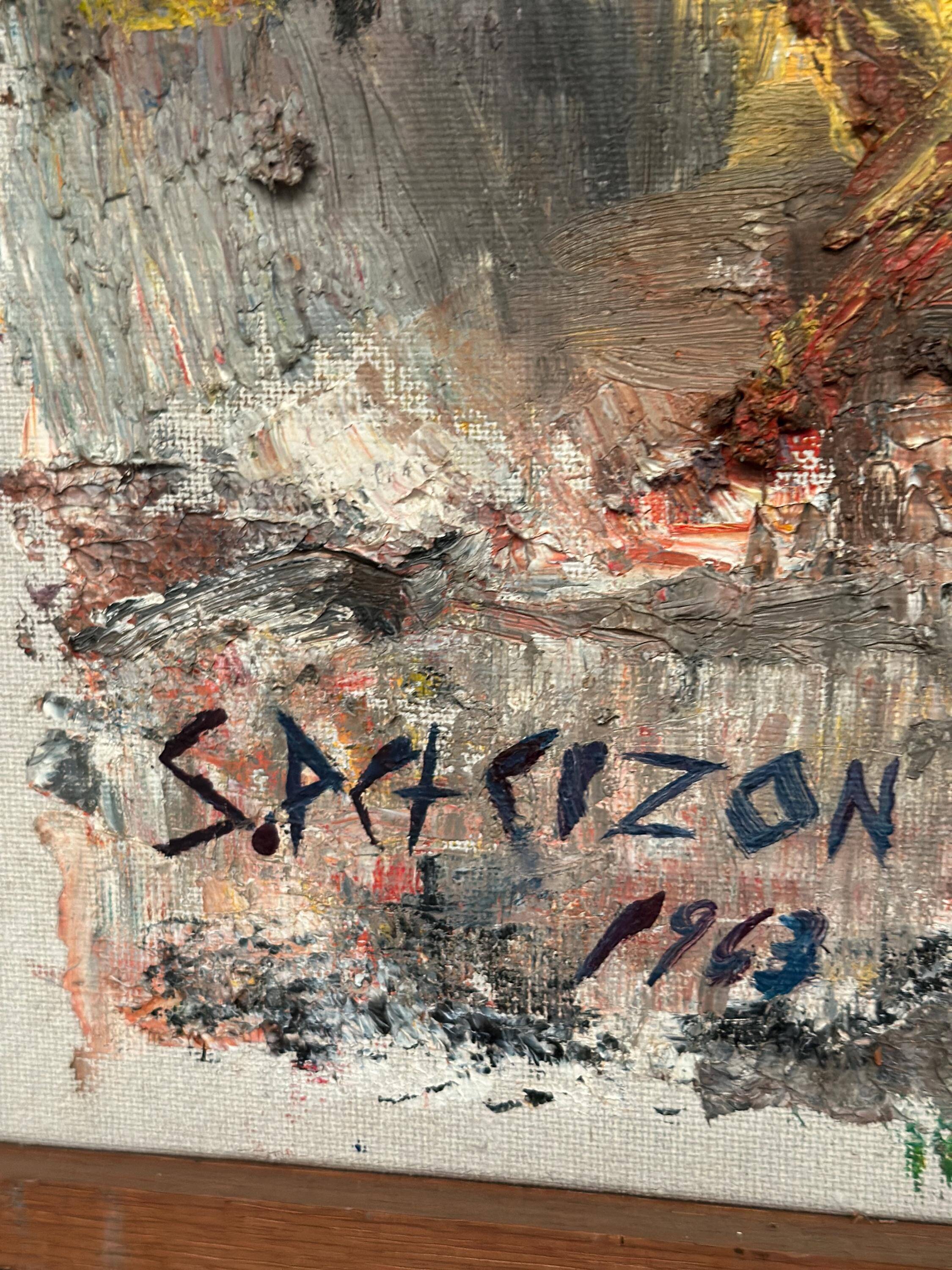Original Large Mid Century Swedish Oil On Canvas – “Abstract Landscape” By S. Pctcizon –1963 – Vintage & Framed – 85 × 69 Cm (33.5" × 27.2")