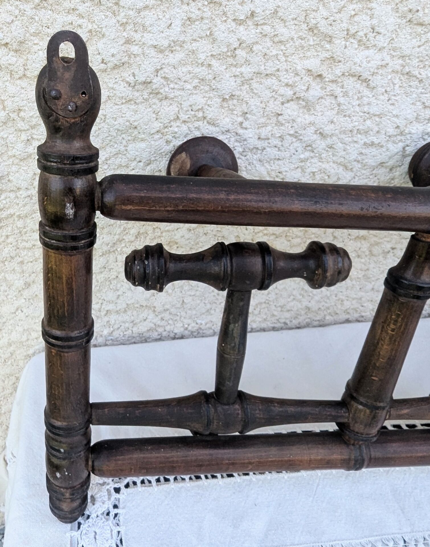 Antique wall coat rack, wooden turned bamboo, bistro 1900.