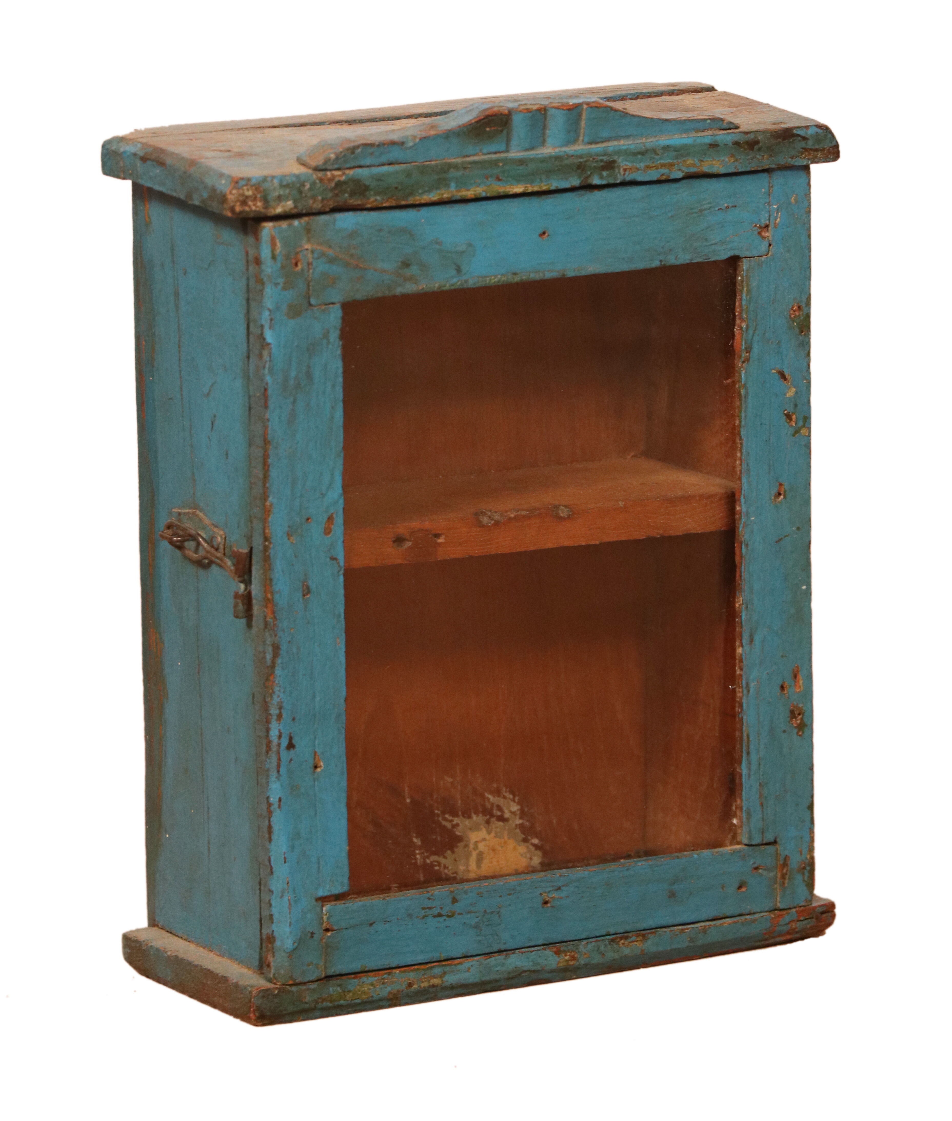 old Art Deco wall display case in original blue teak Burmese patina