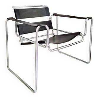 Wassily Style Lounge Chair Chrome Black Faux Leather Breuer Bauhaus Design