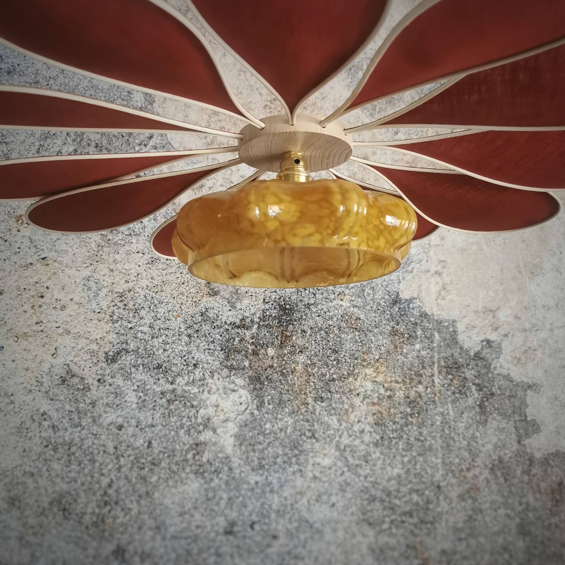 Rattan and terracotta linen pendant light and vintage amber globe